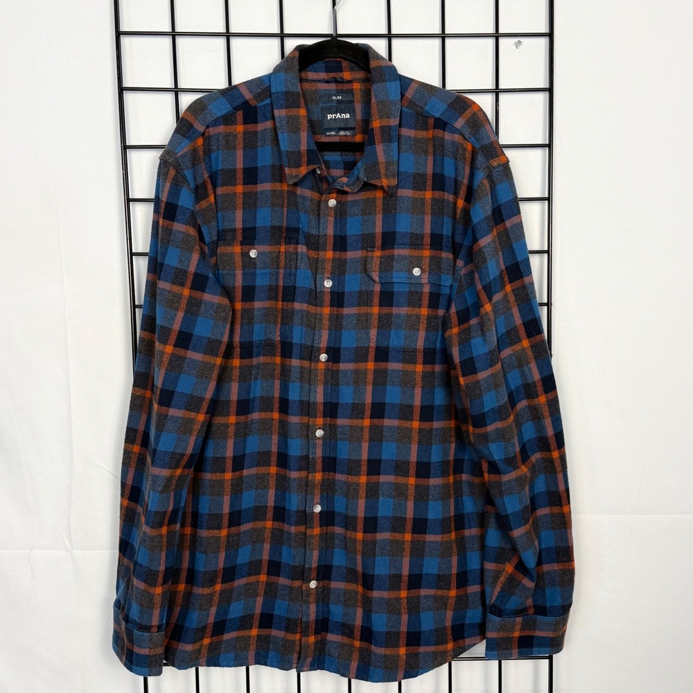 prAna Button Down Shirt Mens XXL Blue Orange Slim Fit Plaid Flannel Long Sleeve
